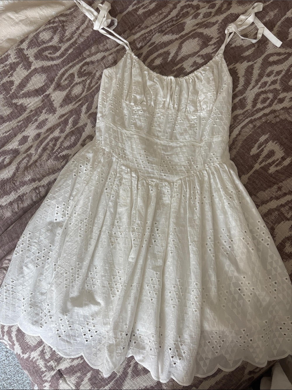 Olivaceous White Eyelet Tie-Shoulder Mini Dress